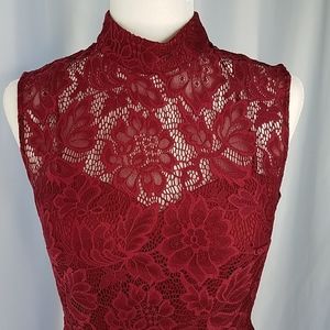 Betsy & Adam Burgundy Wine Lace Gown